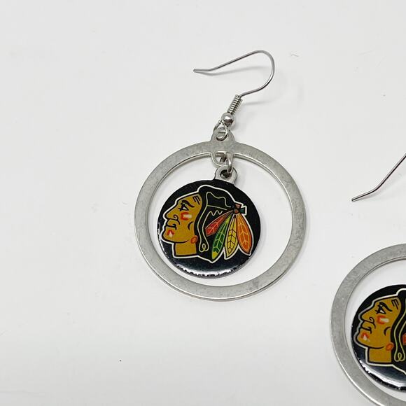 NHL Chicago Blackhawks Hockey Logo Hoop Earrings Silver Tone Drop Earrings - Picture 2 of 5